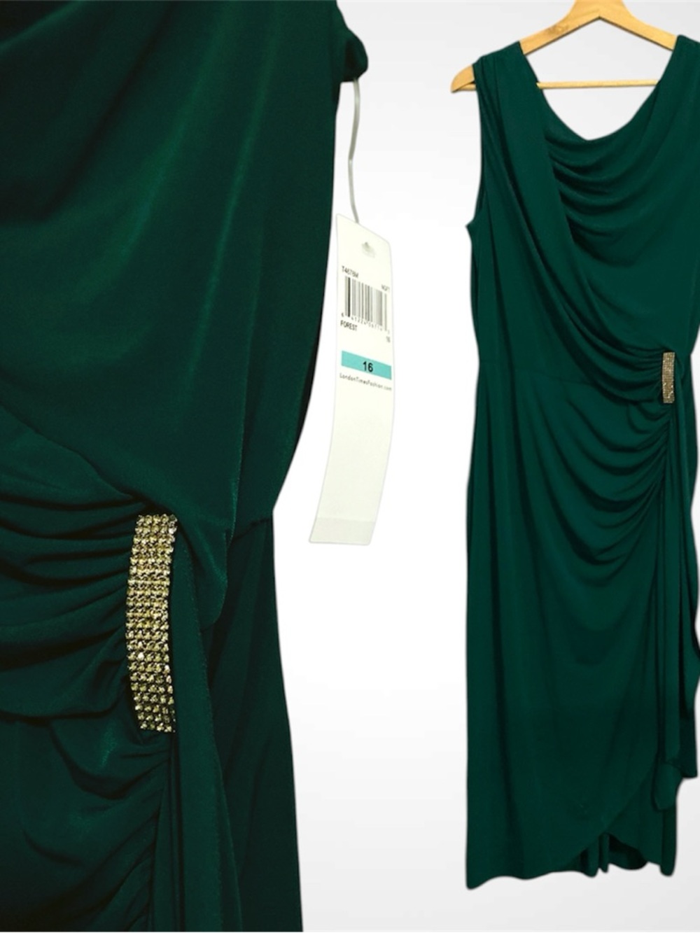 NWT - Elegant Green Draped Evening Dress with Rhinestone Accent